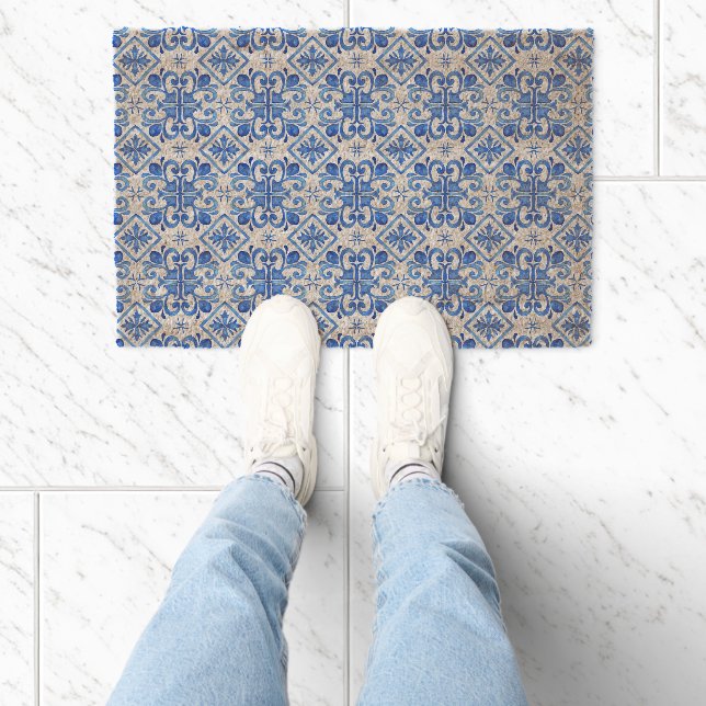 Blue French Toile Pattern Fiber Doormat (Insitu)