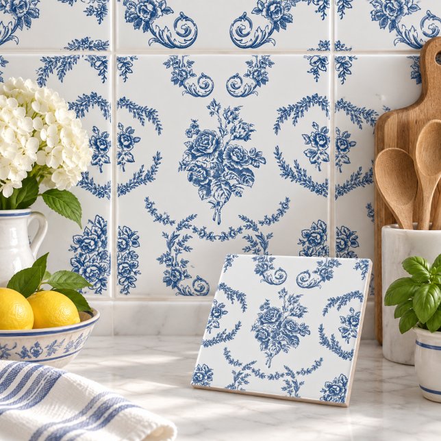 Blue French Toile Pattern Floral Ceramic Tile (Blue French Toile Pattern Floral)