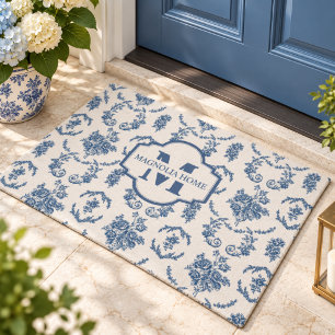 Blue French Toile Pattern Floral Name Monogram Doormat