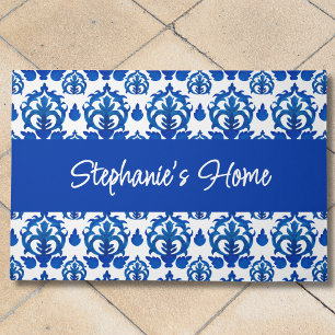 Blue French Toile Pattern Monogram Name Doormat