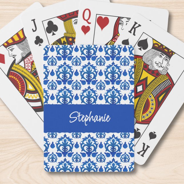 Blue French Toile Pattern Monogram Name Poker Cards (Creator Uploaded)