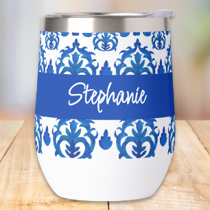 Blue French Toile Pattern Monogram Name Thermal Wine Tumbler