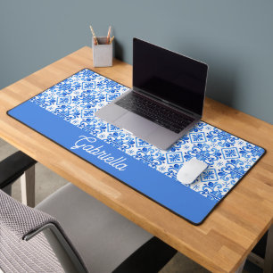 Blue French Toile Pattern Name Desk Mat