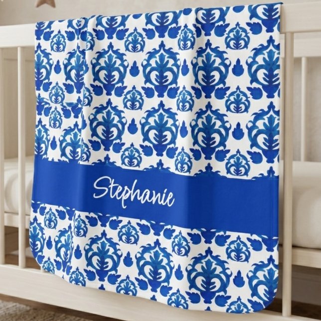 Blue French Toile Pattern Name Monogram Baby Blanket (Creator Uploaded)