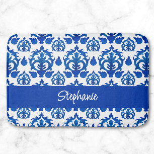 Blue French Toile Pattern Name Monogram Bath Mat