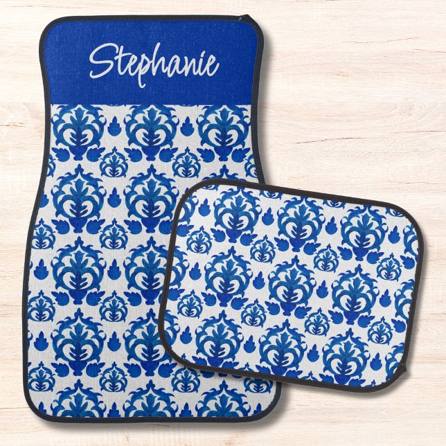 Blue French Toile Pattern Name Monogram Car Floor Mat (Creator Uploaded)