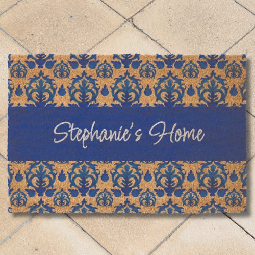 Blue French Toile Pattern Name Monogram Fiber Doormat