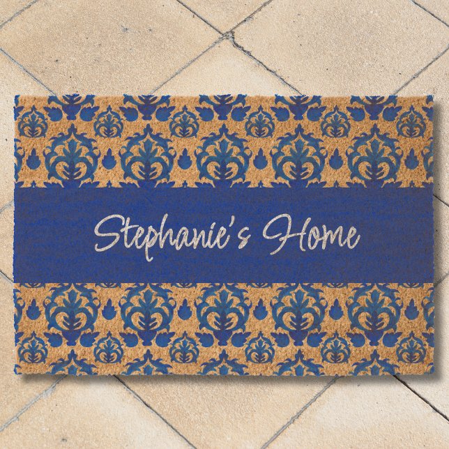 Blue French Toile Pattern Name Monogram Fiber Doormat (Creator Uploaded)