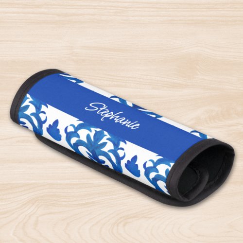Blue French Toile Pattern Name Monogram Luggage Handle Wrap