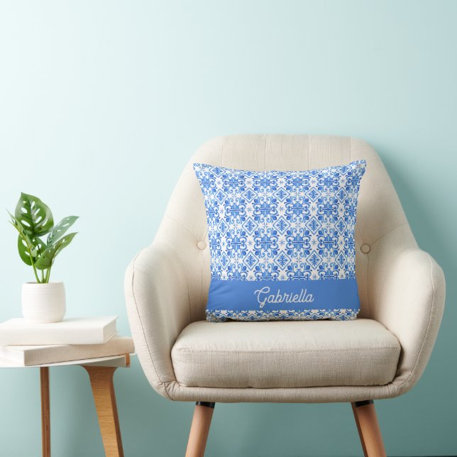 Blue French Toile Pattern Name Throw Pillow (Chair)