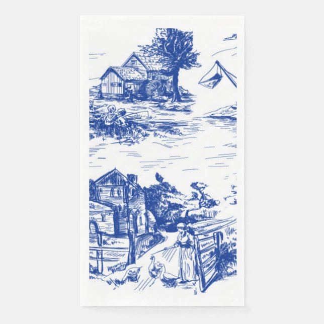 Blue French Toile Round Paper Guest Towels (Front)