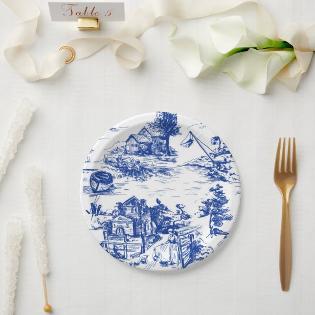 Blue French Toile Round Paper Plates (Wedding)