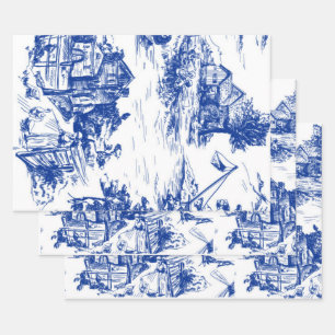 Blue French Toile Round Wrapping Paper Sheets