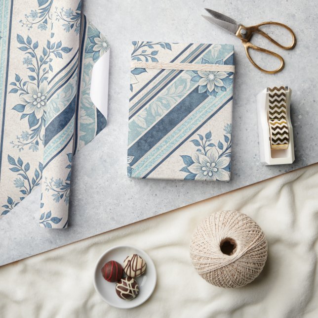 Blue French Vintage Floral Stripe Wrapping Paper (Crafts)