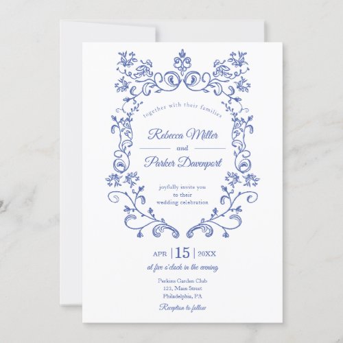 Blue French Wedding photo qr code on back Invitation
