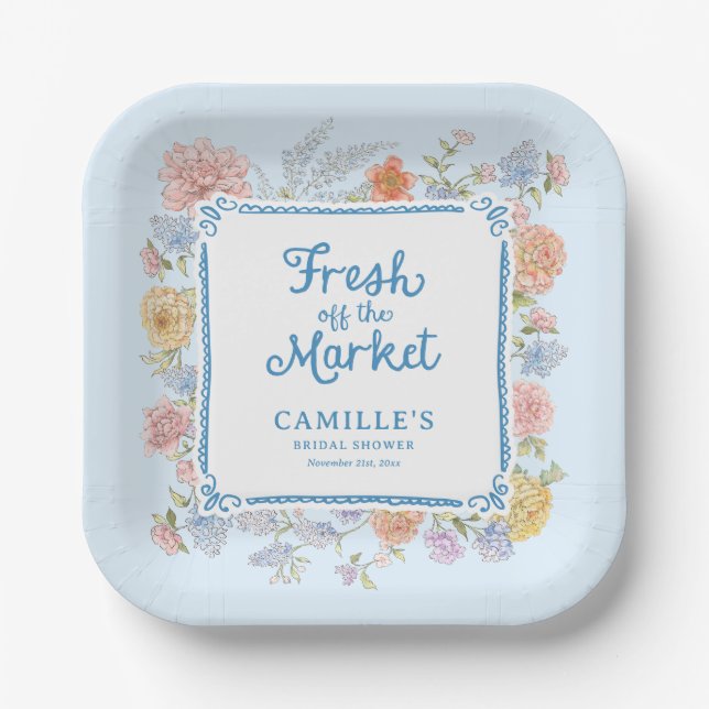 Blue Fresh off the Market Bridal Shower Paper Plates (Front)
