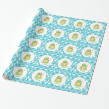 Blue Frog Pink Dot Customizable Wrapping Paper by allpetscherished at Zazzle