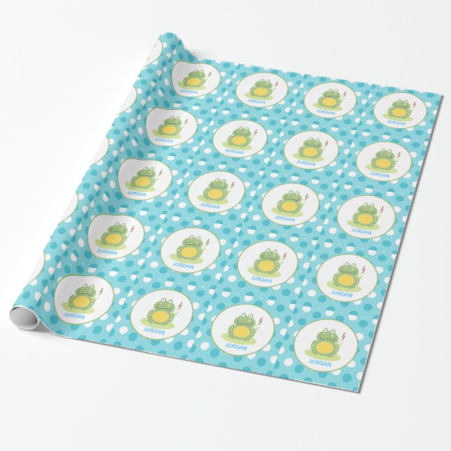 Blue Frog Pink Dot Customizable Wrapping Paper (Unrolled)