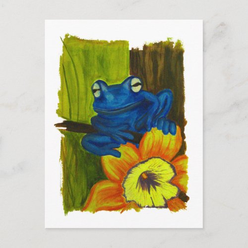 Blue frog relaxing on flower and tree branch postcard