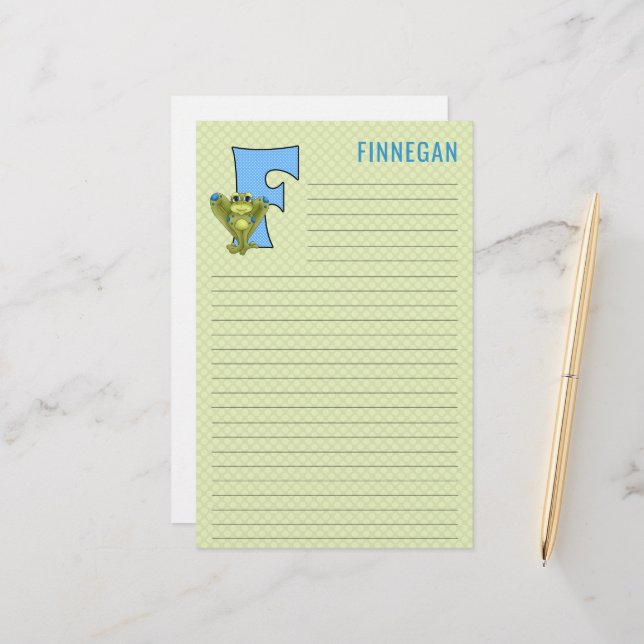 Blue Frog with Green Plaid Letter F Lined Stationery (Front/Back In Situ)