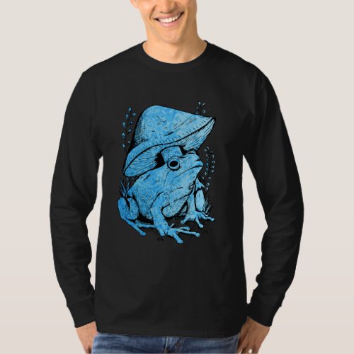 Blue Frog with mushroom Cottagecore Style T_Shirt