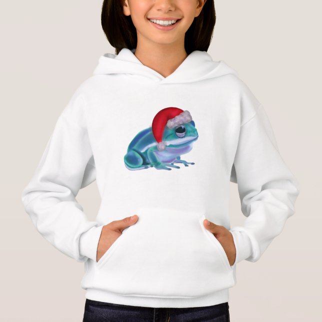 Blue frog with Santa hat. Hoodie (Front)