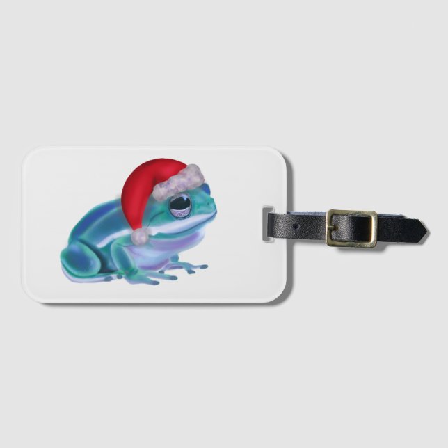 Blue frog with Santa hat. Luggage Tag (Front Horizontal)