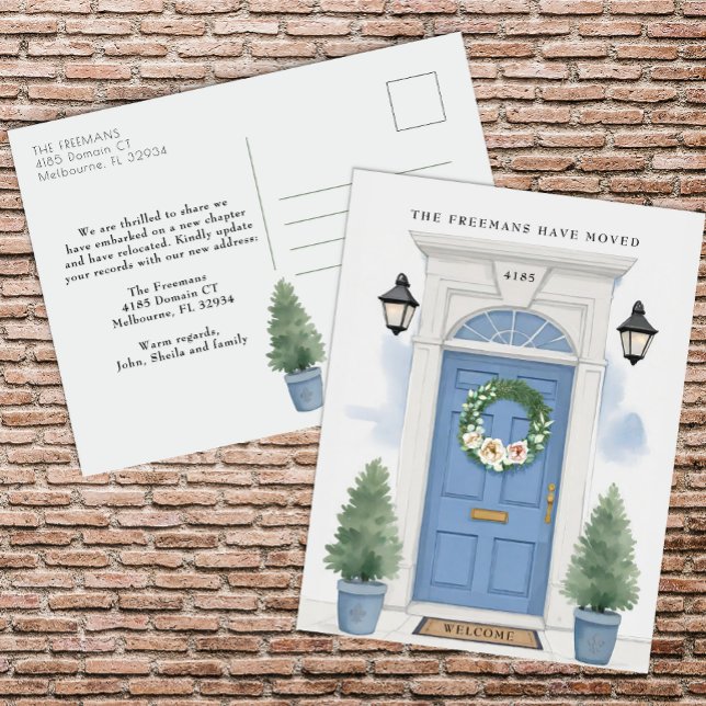 Blue Front Door Moving Announcement  Postcard (Blue Door New Home Announcement )