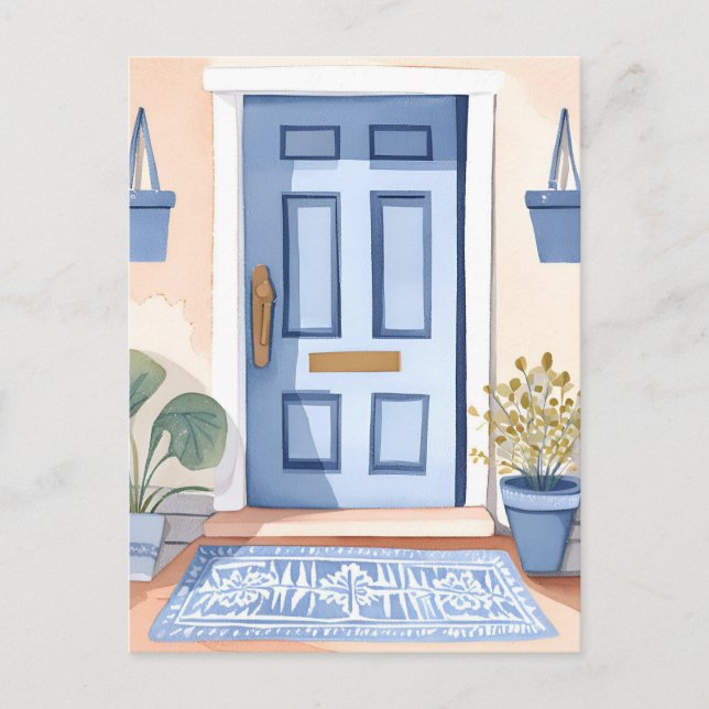 Blue Front Door | New House Watercolor Painting Postcard (Front)