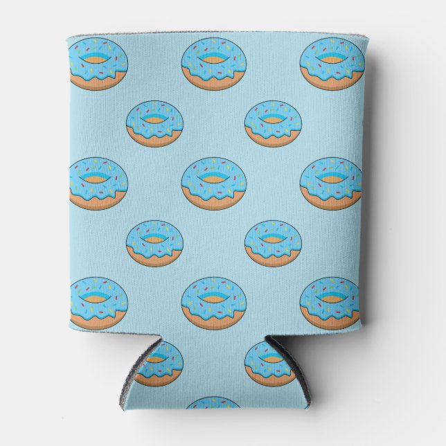 Blue Frosted Donut with Sprinkles Cartoon Can Cooler (Front)