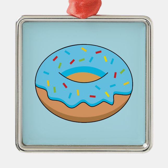 Blue Frosted Donut with Sprinkles Cartoon Metal Ornament (Front)