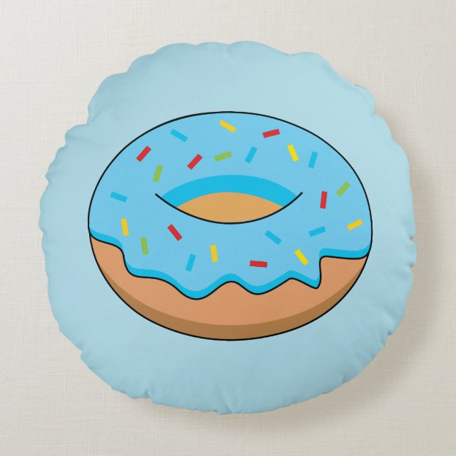 Blue Frosted Donut with Sprinkles Cartoon Round Pillow (Front)