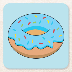 Blue Frosted Donut with Sprinkles Cartoon Square Paper Coaster