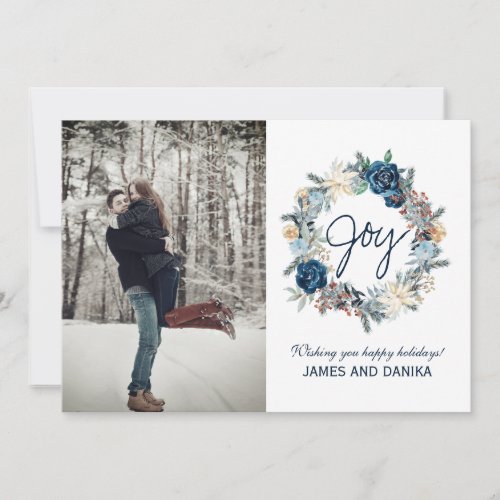 Blue Frosted Winter Wreath Joy Photo Cards Designs