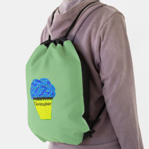 Blue Frosting Chocolate Cupcake Drawstring Bag
