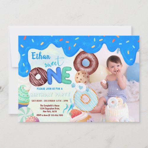 blue frosting donut Sweet One  Invitation