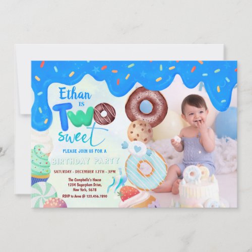 blue frosting two sweet boy donut birthday  invitation