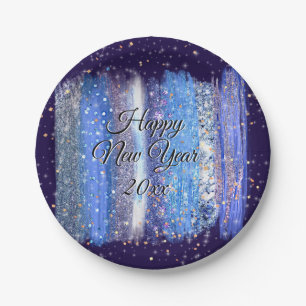 Blue Frosty Brush Strokes Happy New Year 20xx 7" Paper Plates