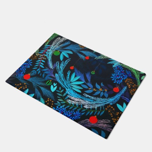 Blue Frosty Christmas Forest Foliage Doormat