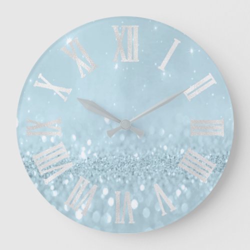 Blue Frozen Silver Glitter Gray Roman Numbers Large Clock