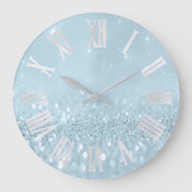 Blue Frozen Silver Glitter Gray Roman Numbers Large Clock (Front)