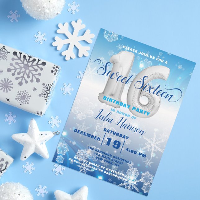 Blue Frozen Winter Wonderland Sweet 16 Birthday Invitation