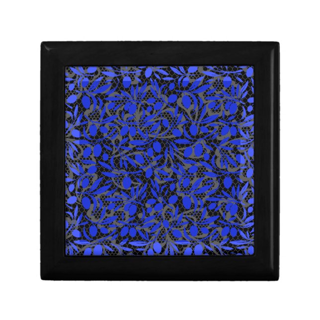 Blue fruit branches on Grey net.2tonesx4 Black BG Gift Box (Front)