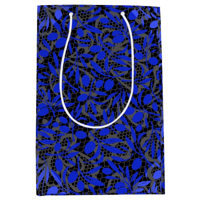 Blue fruit branches on Grey net.2tonesx4 Black BG Medium Gift Bag (Front)