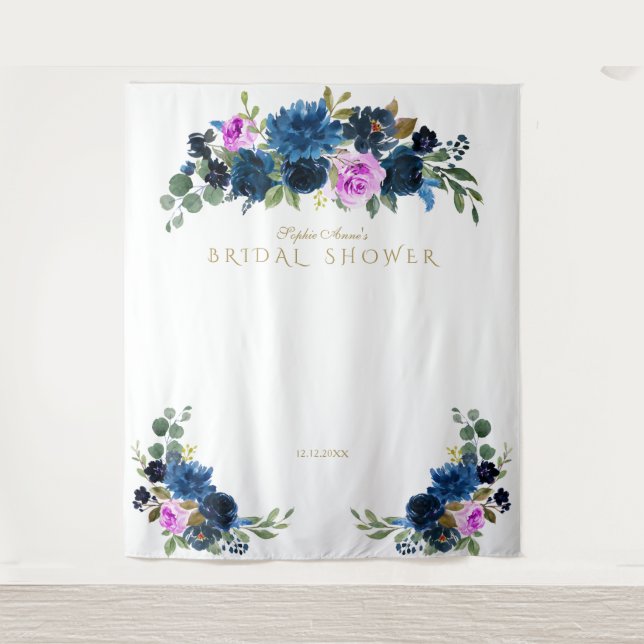 Blue Fuchsia Floral Bridal Shower Photo Booth Prop Tapestry (Front)