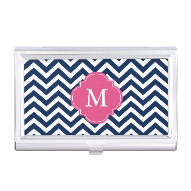 Blue & Fuchsia Zigzags Pattern Monogrammed Business Card Holder (Front)