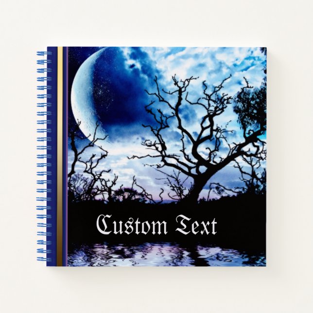 Blue Full Moon Tree Silhouette Notebook (Front)