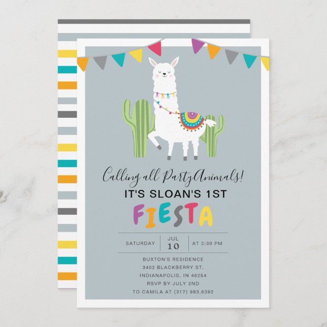 Blue Fun Llama Fiesta Birthday Party Invitation (Front/Back)