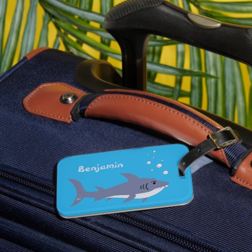 Blue Fun Shark Kid Luggage Tag with Name