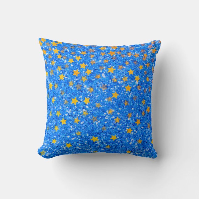 Blue fun sparkling pattern , glamorous gold stars  throw pillow (Front)